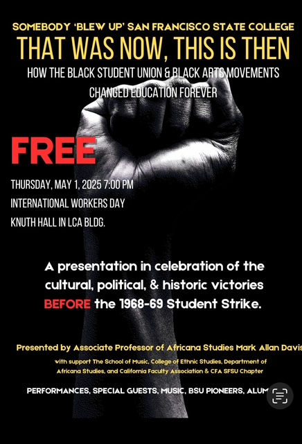 Event flyer for “That Was Now, This Is Then,” a free presentation on May 1, 2025, at 7:00 PM in Knuth Hall (LCA Building), celebrating the Black Student Union and Black Arts Movements before the 1968–69 Student Strike. Presented by Professor Mark Allan Davis. Features performances, guests, and music.