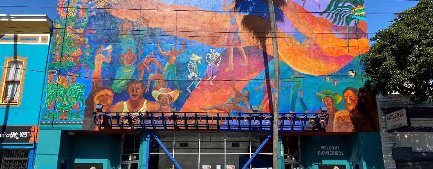 Front façade of the Mission Cultural Center for Latino Arts on a sunny day