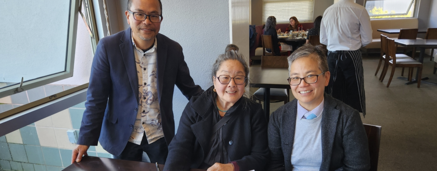 Left to right: SF State Asian American Studies Chair Wesley Ueunten, donor Masako Takahashi and SF State Provost and Vice President of Academic Affairs Amy Sueyoshi, all of whom have Japanese ancestry, sign the gift agreement.